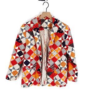 Handmade Quilted Patchwork Blazer Jacket Red Navy Mustard Size M